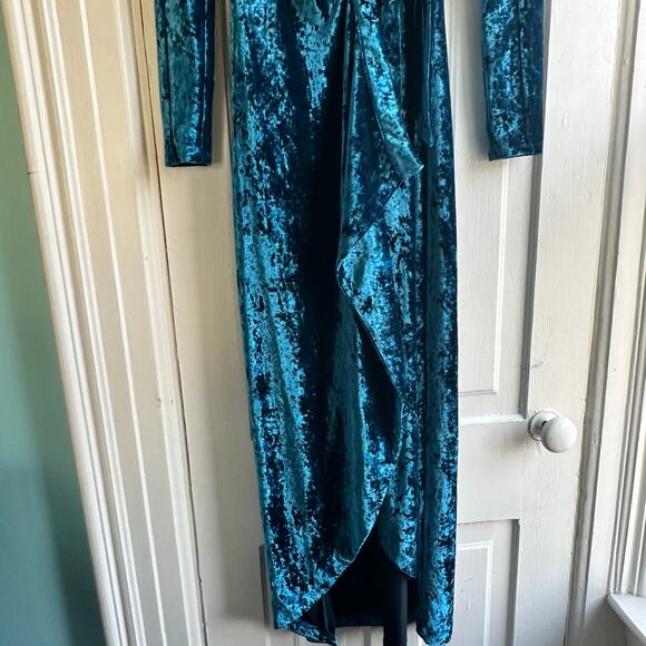 BCBGMaxAzria Velvet Ruched Wrap Dress Blue - Picture 5 of 8